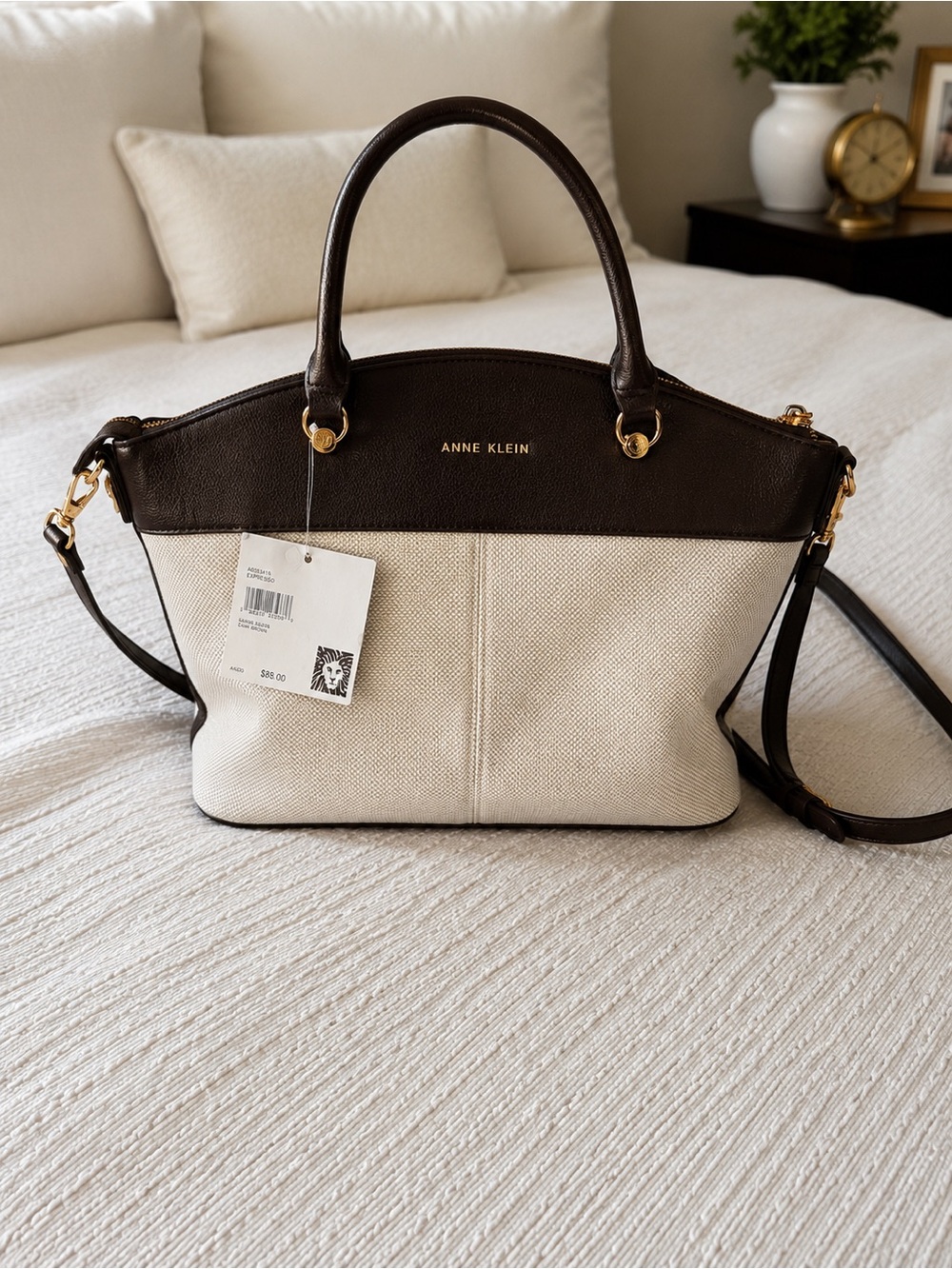 Anne Klein Canvas Satchel Crossbody Bag Brown/Cream